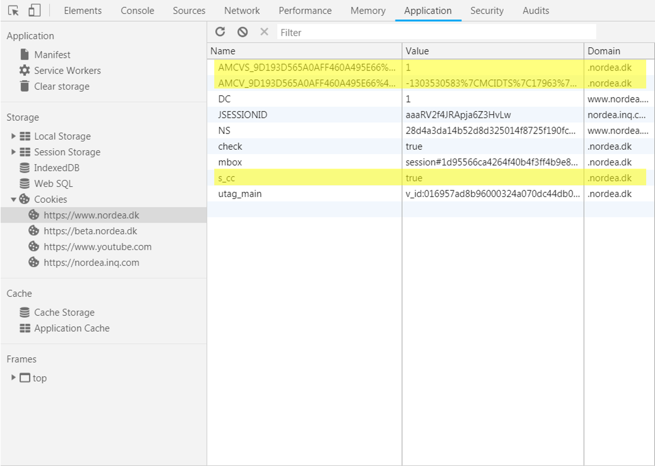 A screenshot of cookies in Adobe Analytics