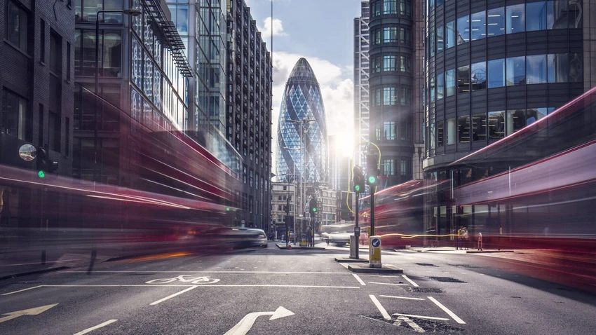 Buses on the street at the financial district of London
