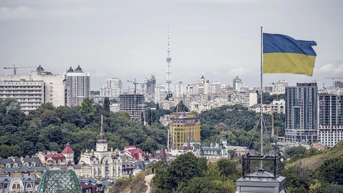 Ukrainian flag waving in the wind in Kiev