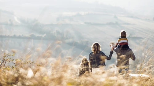 family holding hands in a field