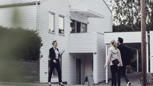 Smiling real estate professional talking to couple