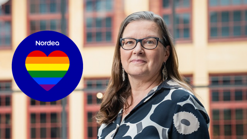 Johanna Bergström, Head of GBS People and Head of People Finland, with pride logo