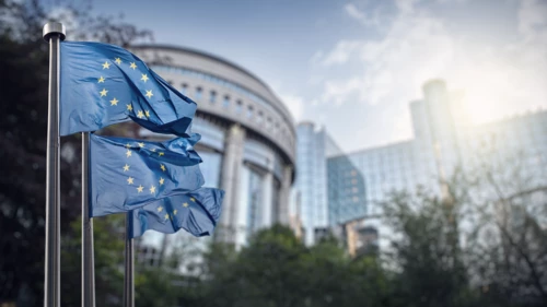 European union flag against parliament in Brussels