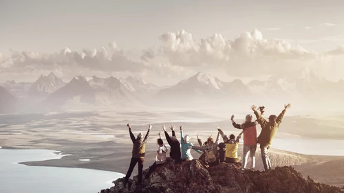 Big group of people on a mountain.