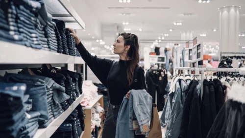 Woman shopping denim jeans in a clothing store