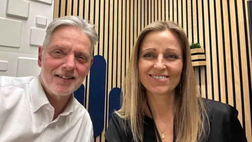 Helge J. Pedersen and Lise Nytoft Bergmann in a podcast studio