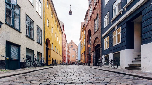 Magaestrade cobbled street in Copenhagen historical center, Denmark