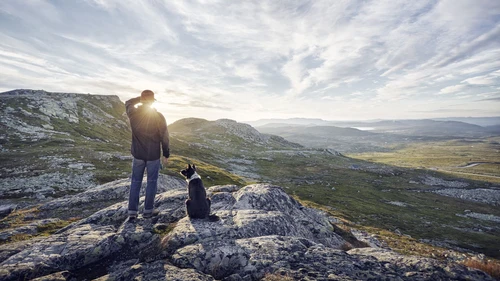 Owner and dog in mountains