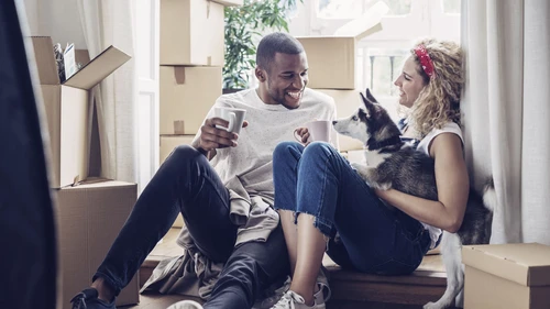 Happy couple with dog