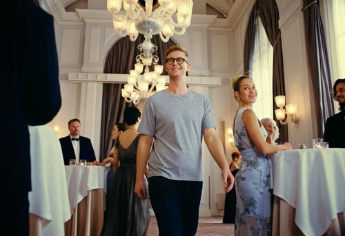 Nuori mies rennoissa vaatteissa kävelee hymyillen juhlatilassa, jossa on valkoisia pöytiä ja juhlavasti puketuneita ihmisiä.