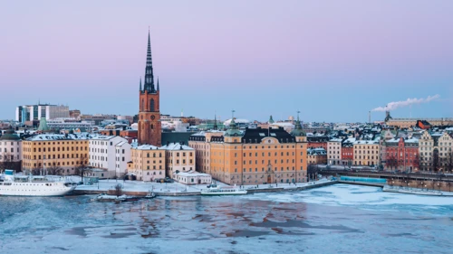 Winter in Stockholm, cityscape at sunset