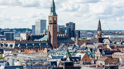 Copenhagen skyline with town hall clock tower, Denmark