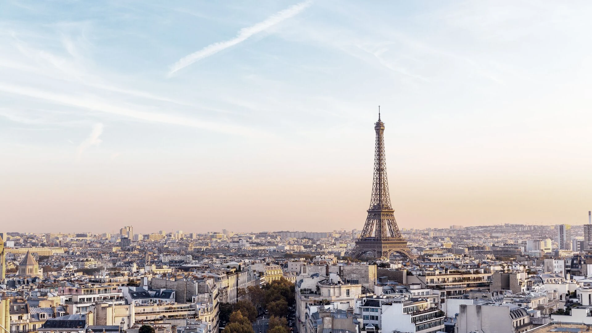 Paris cityscape with Eiffel Tower at sunset