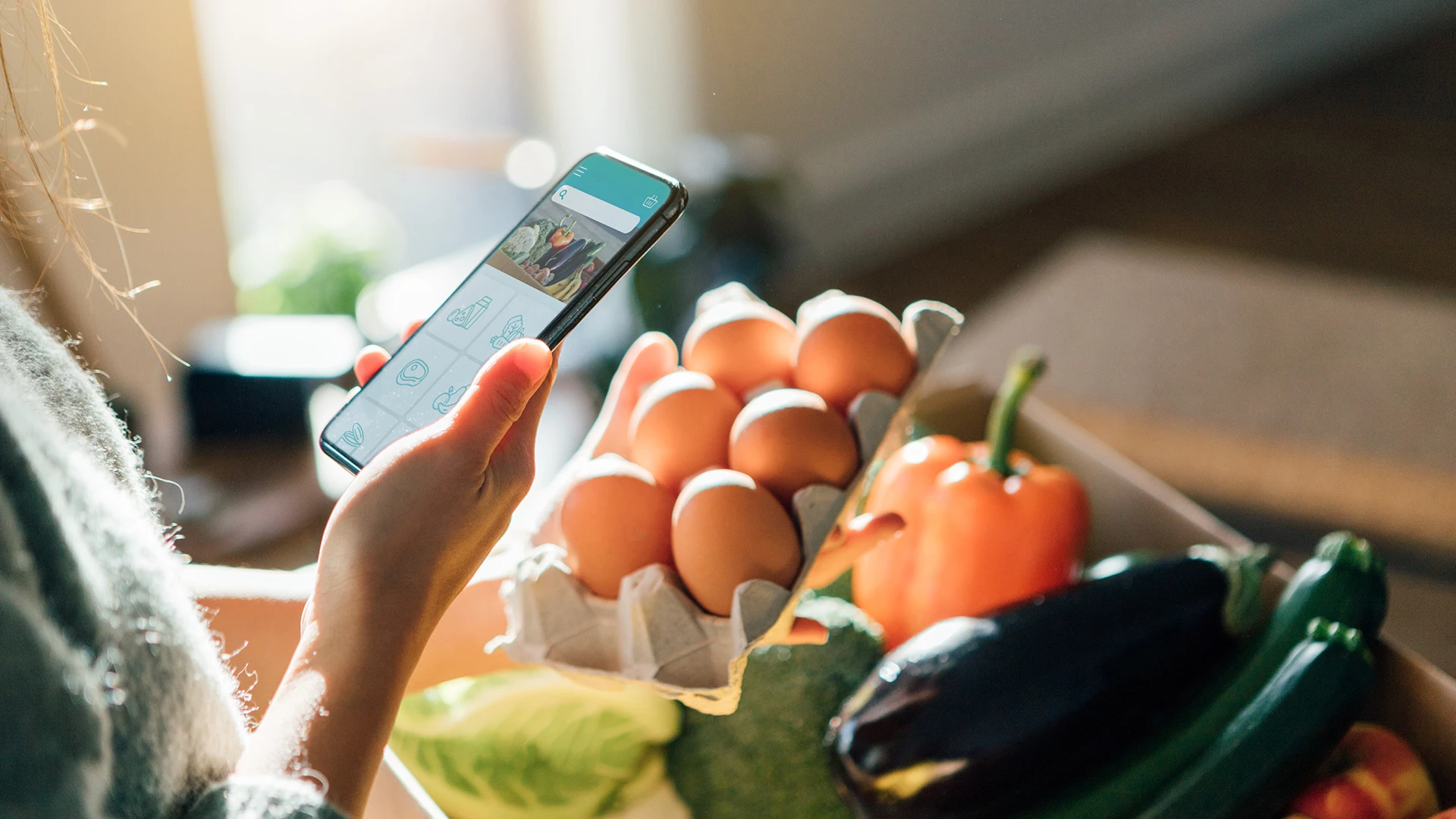 Young woman ordering groceries with smartphone