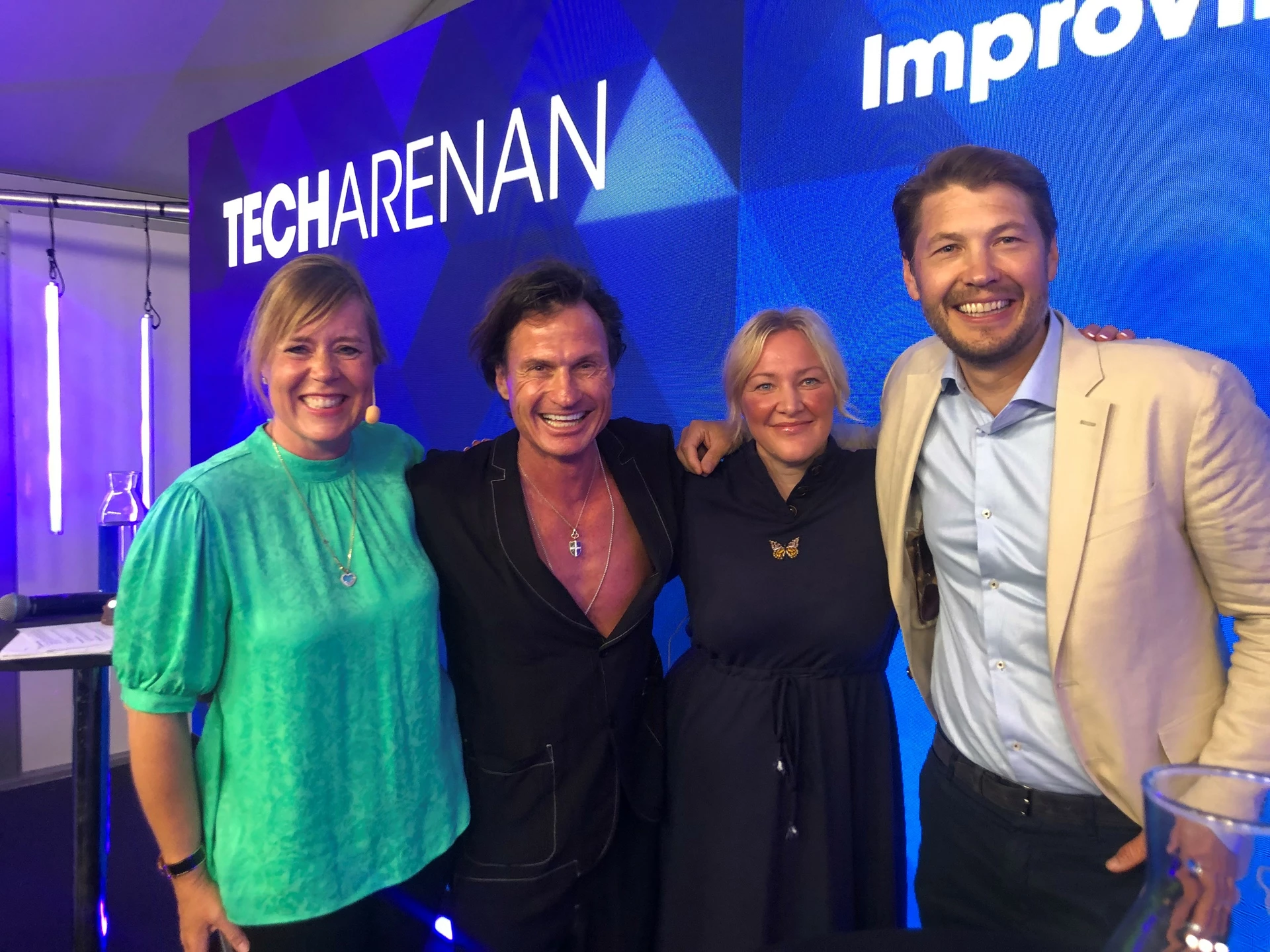 Panel på Techarenan; Linda Nyberg, moderator, Petter Stordalen, ägare Nordic Choice Hotels, Jenny Hermanson, Nordenchef Spotify, Per Långsved, Sverigechef Nordea.