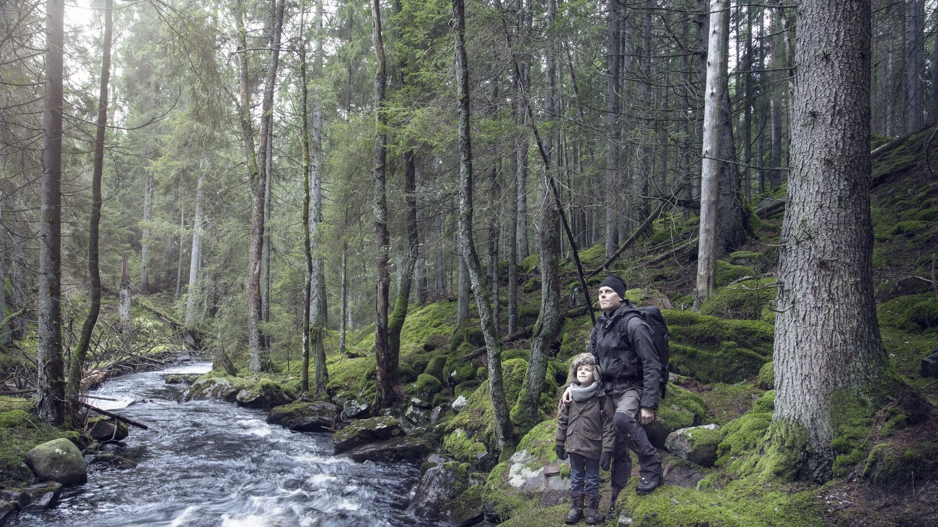 Boy with father in forest
