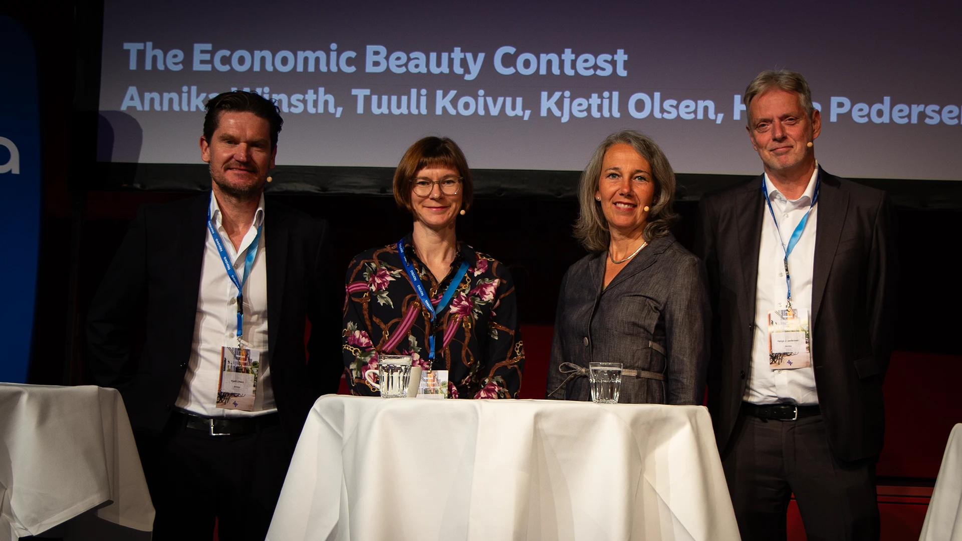 Nordea's chief economists, Kjetil Olsen, Tuuli Koivu, Annika Winsth and Helge Pedersen, at the traditional "Economist Battle"