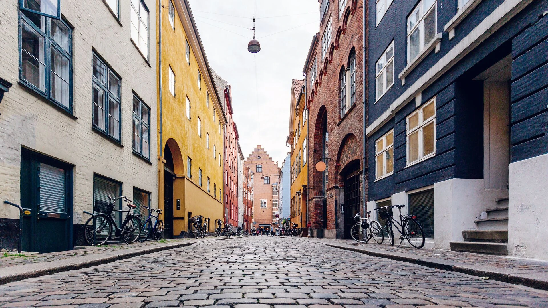Magaestrade cobbled street in Copenhagen historical center, Denmark