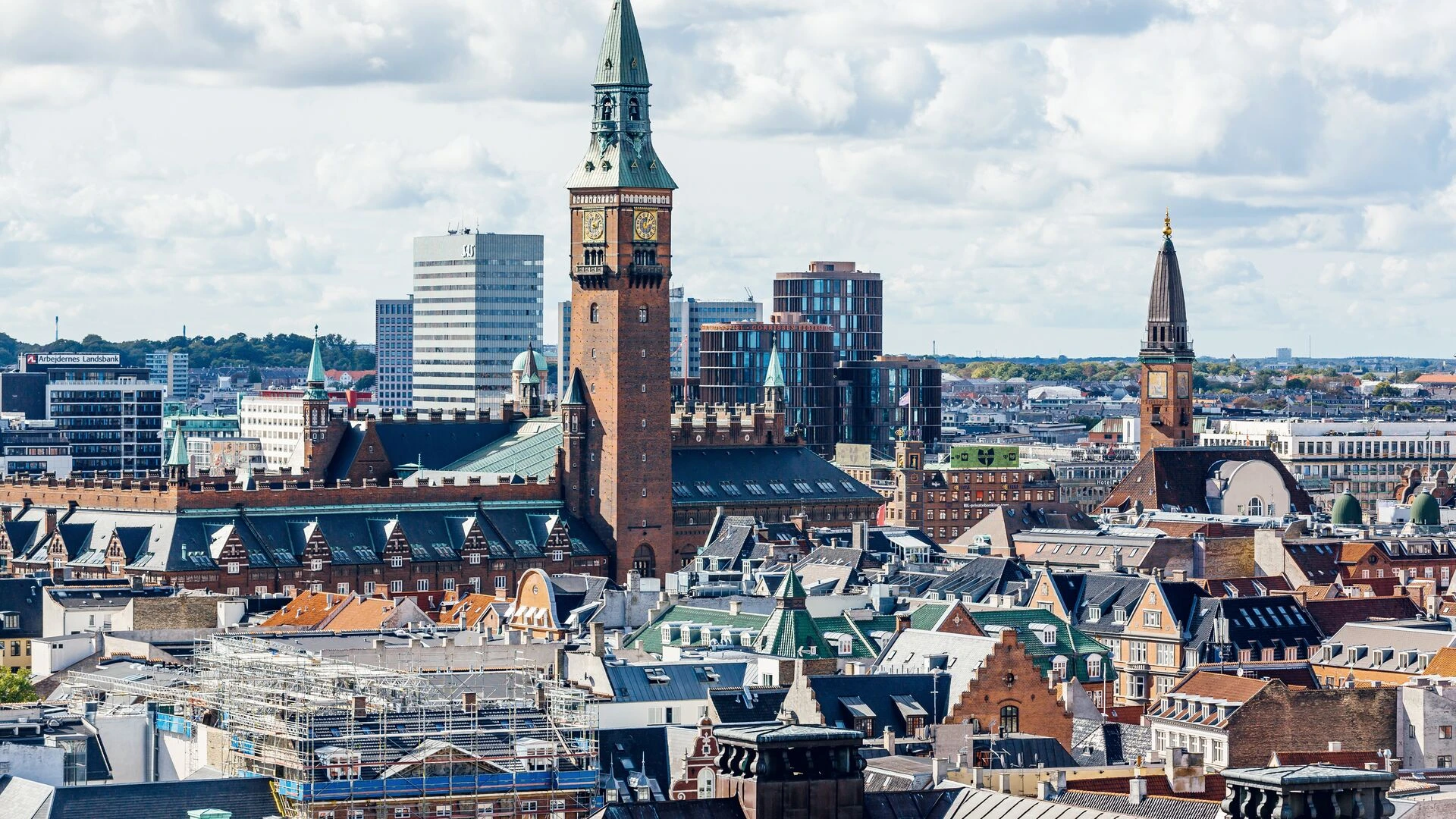 Copenhagen skyline with town hall clock tower, Denmark
