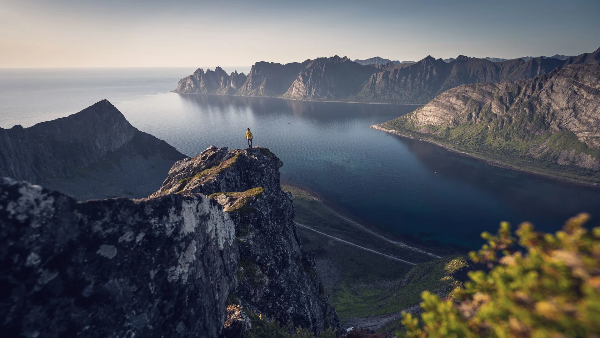 Woman stands on top of Husfjellet in Senja Island in summer season Norway