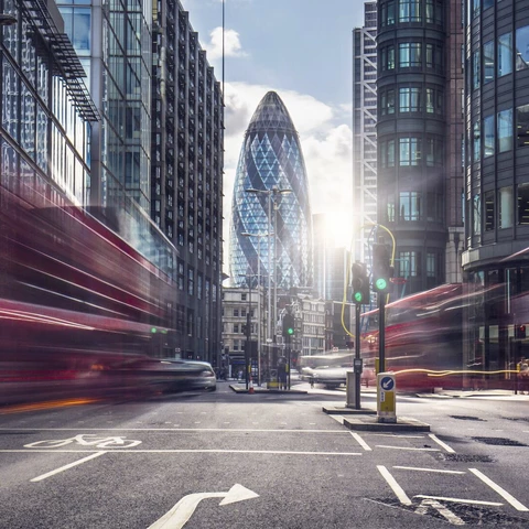 Buses on the street at the financial district of London