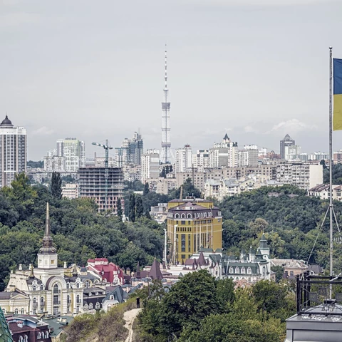 Ukrainian flag waving in the wind in Kiev