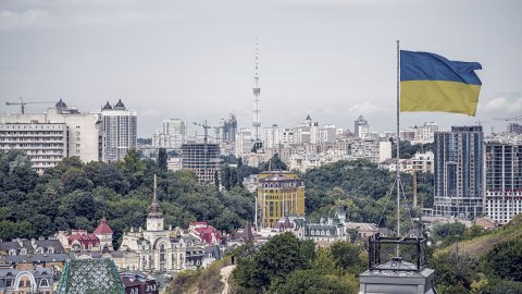 Ukrainian flag waving in the wind in Kiev