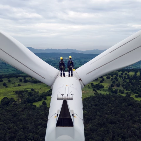 Two men standing on wind field 