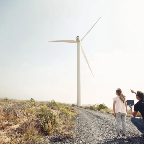 Man with young girl pointing at windmills
