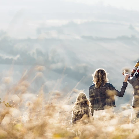 family holding hands in a field