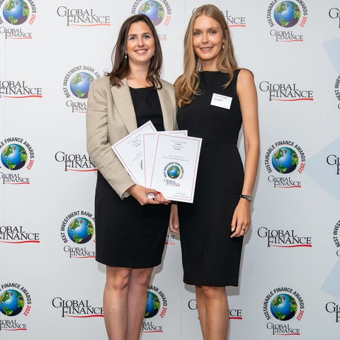 Ebba Ramel and Stella Mylläri of Nordea Sustainable Finance Advisory pick up Global Finance's Sustainable Finance Awards and Best Investment Bank Awards on behalf of Nordea, June 22 2022
