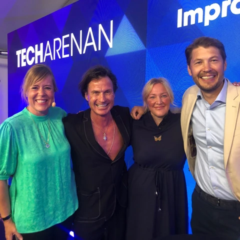 Panel på Techarenan; Linda Nyberg, moderator, Petter Stordalen, ägare Nordic Choice Hotels, Jenny Hermanson, Nordenchef Spotify, Per Långsved, Sverigechef Nordea.