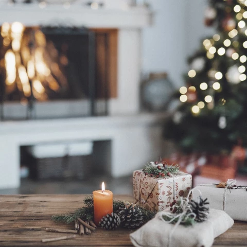 Christmas setting with fireplace, Christmas tree and gifts