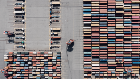 Aerial view of containers stacked at a port