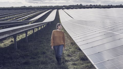 Female farmer walking through solar farm