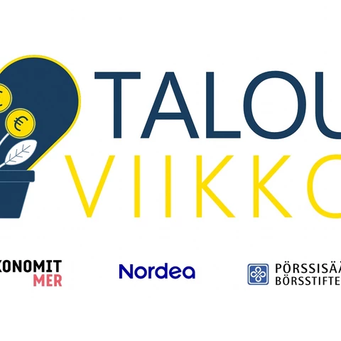 Talousviikon logo on sydämen ympäröimä kukkaruukku, josta kasvaa euroja kasvin kukkina