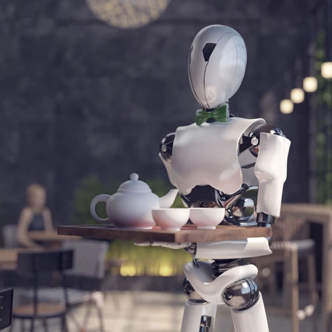 -a-humanoid-robot-waiter-carries-a-tray-of-food-and-drinks-in-a-restaurant