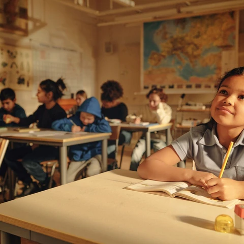 Girl in classroom table